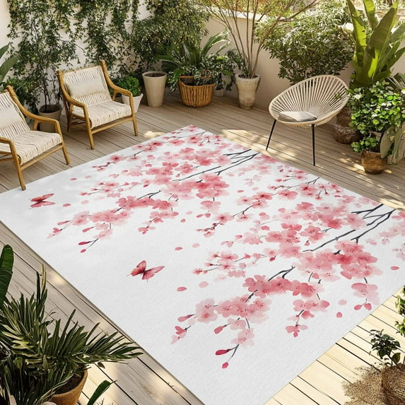Fsddascl Pink Flowers Butterfly Outdoor Rug for Patio/Deck/Porch, Non-Slip Large Area Rug 5 x 8 Ft, Watercolor Spring Botanical Branch Indoor Outdoor Rugs Washable Area Rugs, Camping Rug Carpet