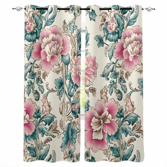 Fsddascl Pink Green Floral Blackout Curtains for Bedroom/Living Room, Thermal Insulated Kitchen Curtains, Botanical Vintage Watercolor Flower Grommet Darkening Window Treatment Drapes 52"x72"x2