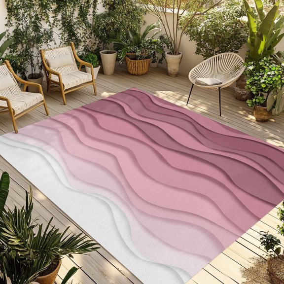 Fsddascl Pink Ombre Stripes Outdoor Rug for Patio/Deck/Porch, Non-Slip Large Area Rug 4 x 6 Ft, Modern Roman Abstract Waves Art Indoor Outdoor Rugs Washable Area Rugs, Reversible Camping Rug Carpet