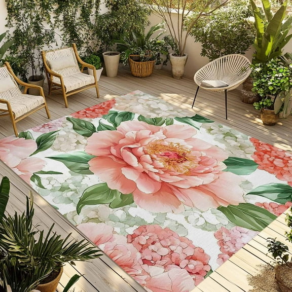 Fsddascl Pink Peony Blossom Outdoor Rug for Patio/Deck/Porch, Non-Slip Large Area Rug 5 x 8 Ft, Spring Botanical Floral Watercolor Indoor Outdoor Rugs Washable Area Rugs, Camping Rug Carpet