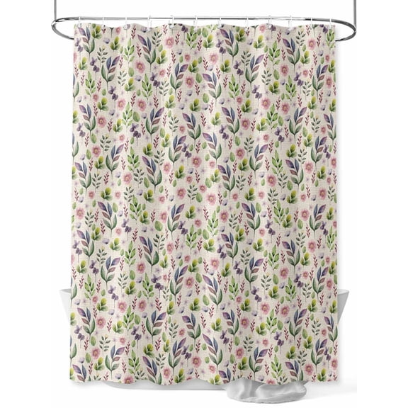 Fsddascl Pink Purple Leaves Shower Curtain Set - 48" x 72" Washable Bathtub Curtain with 12 Hooks, Pastoral Botanical Wildflowers Beige Waterproof Fabric Stall Shower Curtains for Bathroom/Bathtub