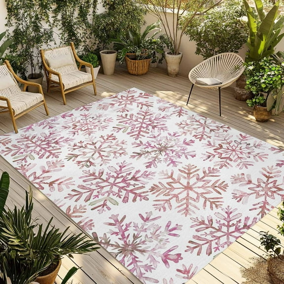 Fsddascl Pink Red Snowflake Christmas Outdoor Rug for Patio/Deck/Porch, Non-Slip Large Area Rug 6 x 9 Ft, Xmas Snowflake Indoor Outdoor Rugs Washable Area Rugs, Reversible Camping Rug Carpet Runner