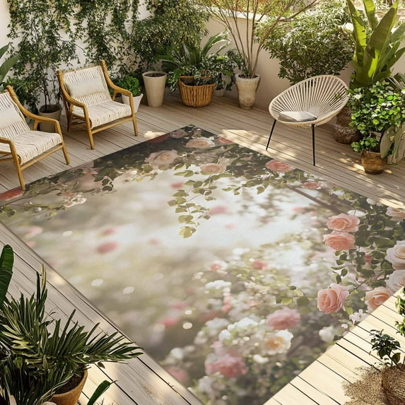 Fsddascl Pink Rose Spring Floral Outdoor Rug for Patio/Deck/Porch, Non-Slip Large Area Rug 5 x 8 Ft, Summer Roses Flowers Farmhouse Indoor Outdoor Rugs Washable Area Rugs, Camping Rug Carpet