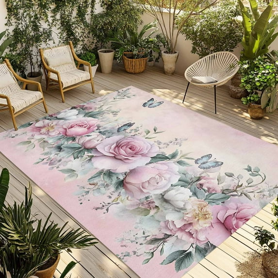 Fsddascl Pink Roses Floral Outdoor Rug for Patio/Deck/Porch, Non-Slip Large Area Rug 5 x 8 Ft, Vintage Romance Botanical Flowers Indoor Outdoor Rugs Washable Area Rugs, Reversible Camping Rug Carpet