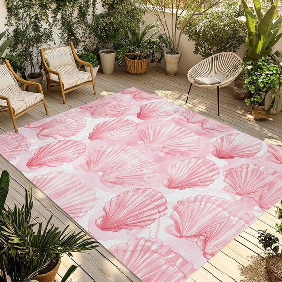 Fsddascl Pink Shell Coastal Outdoor Rug for Patio/Deck/Porch, Non-Slip Large Area Rug 4 x 6 Ft, Nautical Ocean Summer Beach Sea Indoor Outdoor Rugs Washable Area Rugs, Reversible Camping Rug Carpet