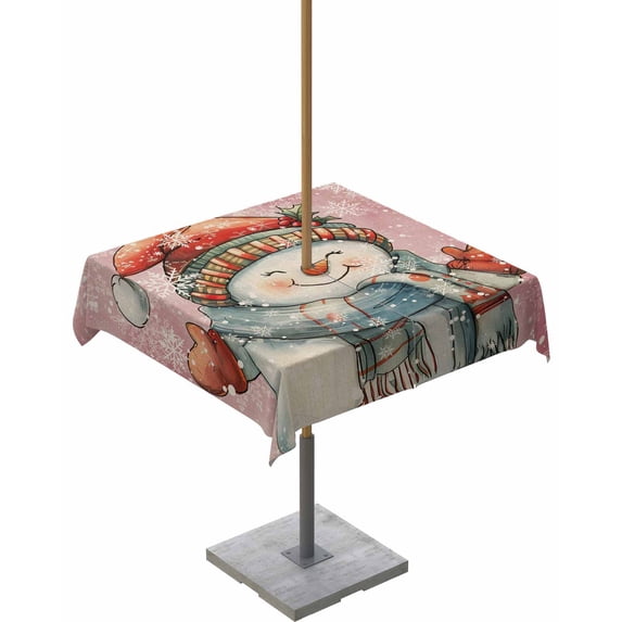 Fsddascl Pink Snowman Christmas Outdoor Tablecloth - 54x54 Inch Square Dining Table Cover, Farmhouse Xmas Snowflake Waterproof Outdoor Table Cloth with Umbrella Hole & Zipper for Picnic/Patio/Party