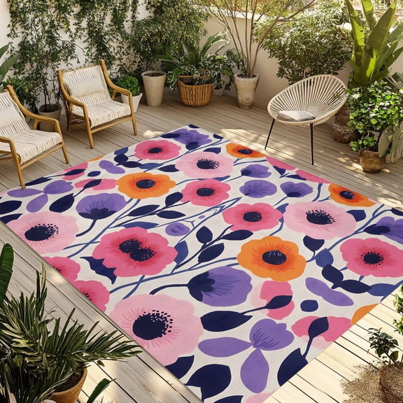 Fsddascl Pink Spring Floral Outdoor Rug for Patio/Deck/Porch, Non-Slip Large Area Rug 4 x 6 Ft, Farmhouse Flower Modern Abstract Art Indoor Outdoor Rugs Washable Area Rugs, Camping Rug Carpet