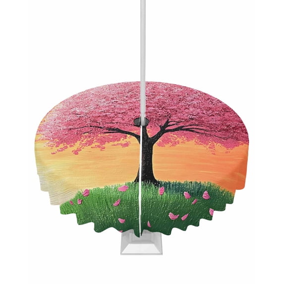 Fsddascl Pink Tree Outdoor Tablecloth - 54 Inch Round Dining Table Cover, Orange Gradient Sky Retro Watercolor Grass Waterproof Outdoor Table Cloth with Umbrella Hole & Zipper for Picnic/Patio/Party