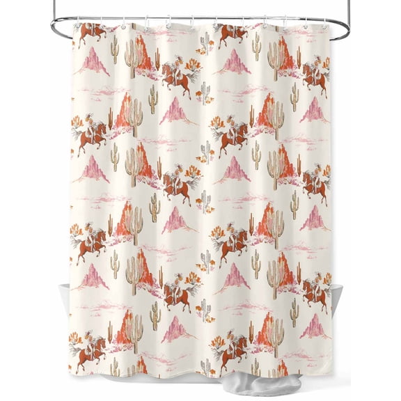 Fsddascl Pink Western Cowboy Shower Curtain Set - Extra Long 72" x 96" Washable Bathtub Curtain with 12 Hooks, Retro Ethnic Horse Cactus Plants Waterproof Fabric Stall Shower Curtains for Bathroom