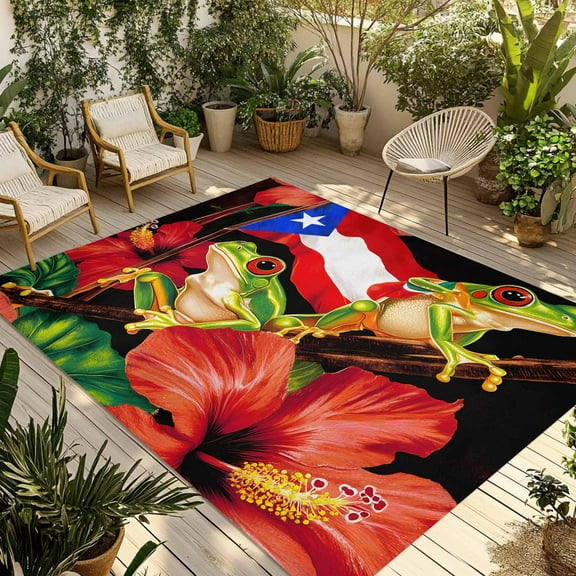 Fsddascl Puerto Rico Flag Outdoor Rug for Patio/Deck/Porch, Non-Slip Large Area Rug 4 x 6 Ft, Frog Red Flower Summer Leaf Indoor Outdoor Rugs Washable Area Rugs, Reversible Camping Rug Carpet Runner