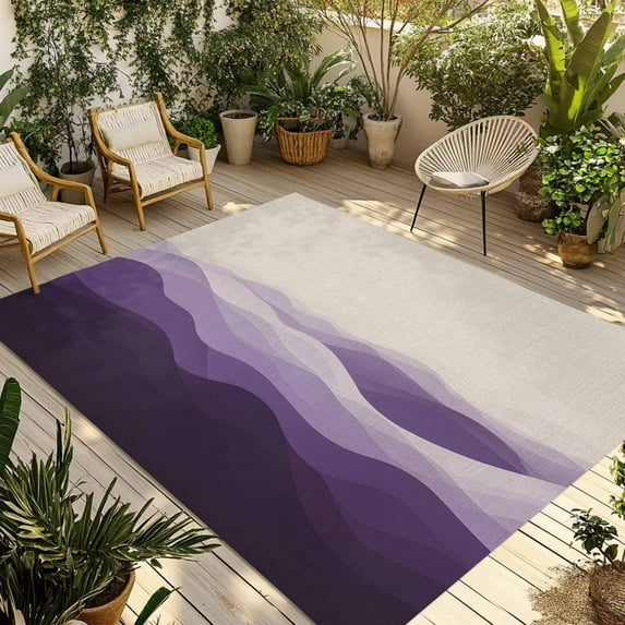 Fsddascl Purple Beige Ombre Outdoor Rug for Patio/Deck/Porch, Non-Slip Large Area Rug 5 x 8 Ft, Minimalist Ocean Waves Linen Indoor Outdoor Rugs Washable Area Rugs, Reversible Camping Rug Carpet