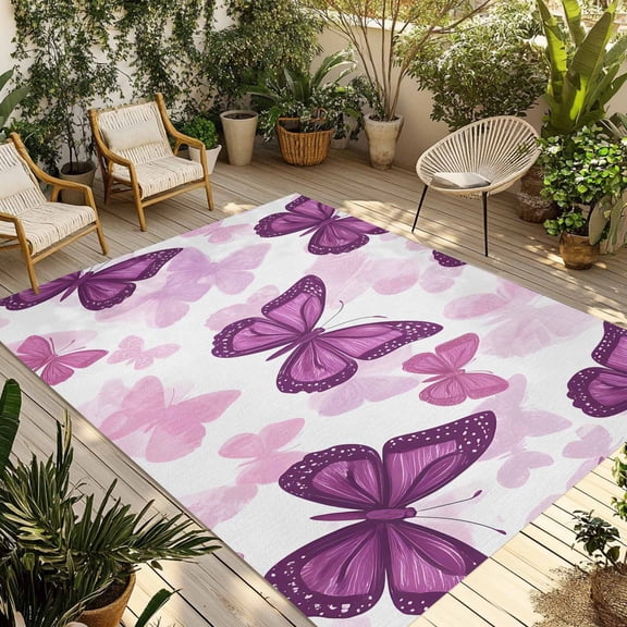 Fsddascl Purple Butterflies Outdoor Rug for Patio/Deck/Porch, Non-Slip Large Area Rug 4 x 6 Ft, Spring Summer Butterfly Indoor Outdoor Rugs Washable Area Rugs, Reversible Camping Rug Carpet Runner