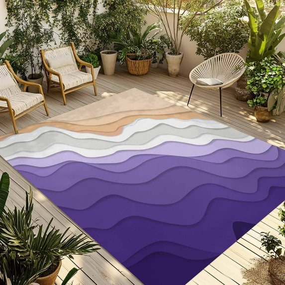 Fsddascl Purple Coastal Beach Outdoor Rug for Patio/Deck/Porch, Non-Slip Large Area Rug 4 x 6 Ft, Modern Gradient Abstract Sea Waves Indoor Outdoor Rugs Washable Area Rugs, Camping Rug Carpet
