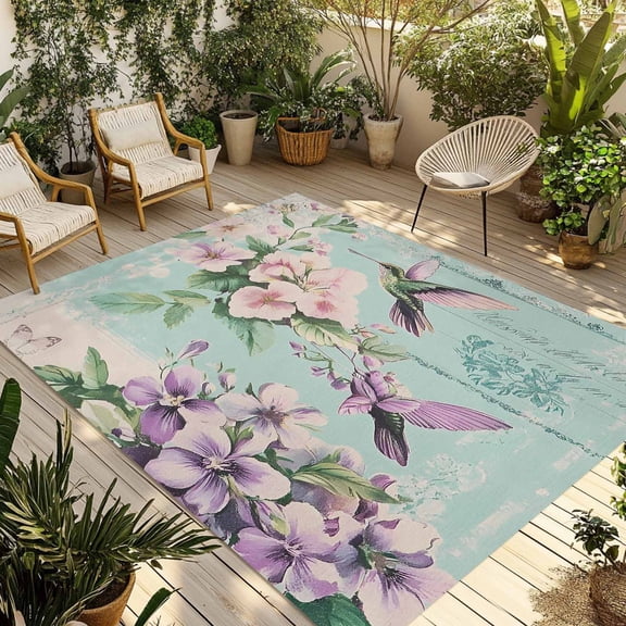 Fsddascl Purple Floral Blossom Outdoor Rug for Patio/Deck/Porch, Non-Slip Large Area Rug 4 x 6 Ft, Spring Rustic Bird Botanical Indoor Outdoor Rugs Washable Area Rugs, Reversible Camping Rug Carpet
