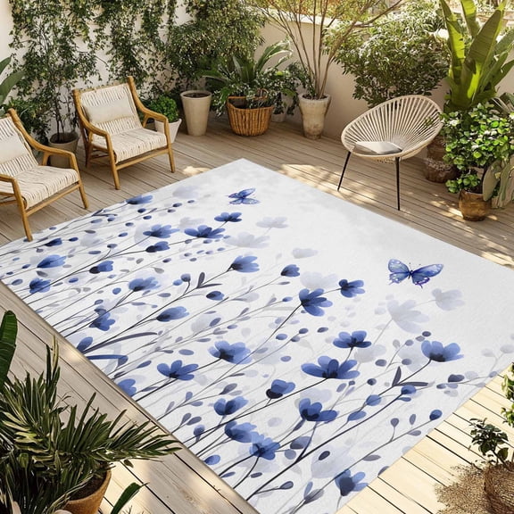 Fsddascl Purple Floral Butterfly Outdoor Rug for Patio/Deck/Porch, Non-Slip Large Area Rug 4 x 6 Ft, Spring Rustic Botanical Flowers Indoor Outdoor Rugs Washable Area Rugs, Camping Rug Carpet