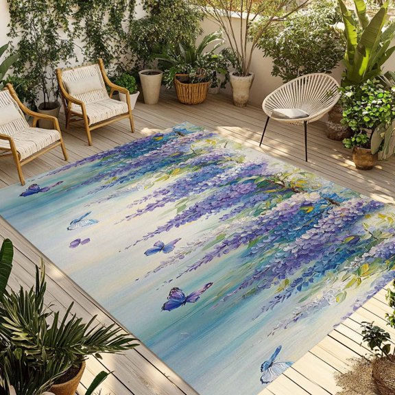 Fsddascl Purple Floral Outdoor Rug for Patio/Deck/Porch, Non-Slip Large Area Rug 4 x 6 Ft, Spring Nature Butterfly Leaf Smear Art Indoor Outdoor Rugs Washable Area Rugs, Camping Rug Carpet
