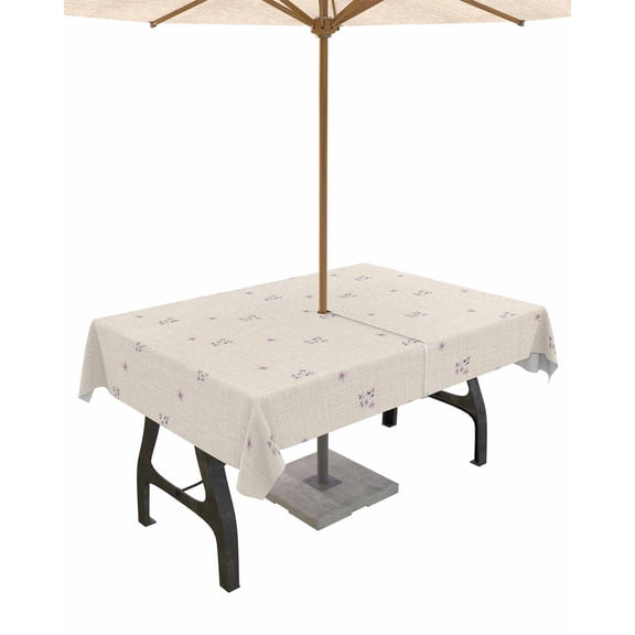 Fsddascl Purple Flowers Outdoor Tablecloth - 52x70 Inch Rectangle Dining Table Cover, Beige Farmhouse Botanical Burlap Waterproof Outdoor Table Cloth with Umbrella Hole & Zipper for Picnic/Patio
