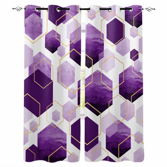 Fsddascl Purple Geometric Blackout Curtains for Bedroom/Living Room, Thermal Insulated Kitchen Curtains, Gold White Hexagon Modern Grommet Darkening Window Treatment Drapes 27.5"x39"x2