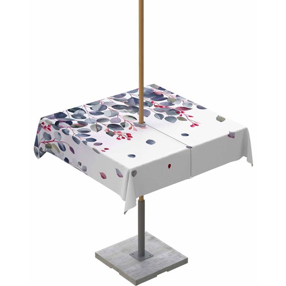 Fsddascl Purple Grey Botanical Outdoor Tablecloth - 54x54 Inch Square Dining Table Cover, Watercolor Spring Eucalyptus Leaves Red Waterproof Outdoor Table Cloth with Umbrella Hole & Zipper for Patio