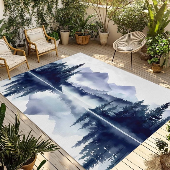 Fsddascl Purple Ink Mountain Outdoor Rug for Patio/Deck/Porch, Non-Slip Large Area Rug 4 x 6 Ft, Abstract Art Lake Forest Indoor Outdoor Rugs Washable Area Rugs, Reversible Camping Rug Carpet Runner