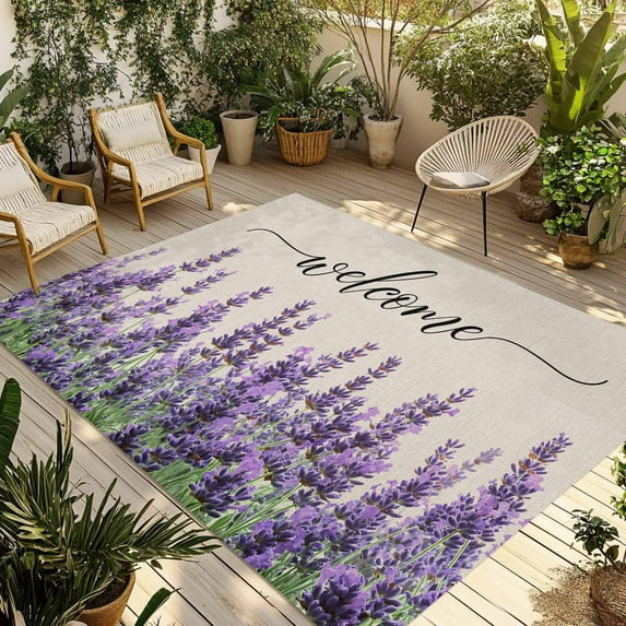 Fsddascl Purple Lavender Outdoor Rug for Patio/Deck/Porch, Non-Slip Large Area Rug 4 x 6 Ft, Purple Spring Floral Wildflower Plant Indoor Outdoor Rugs Washable Area Rugs, Camping Rug Carpet