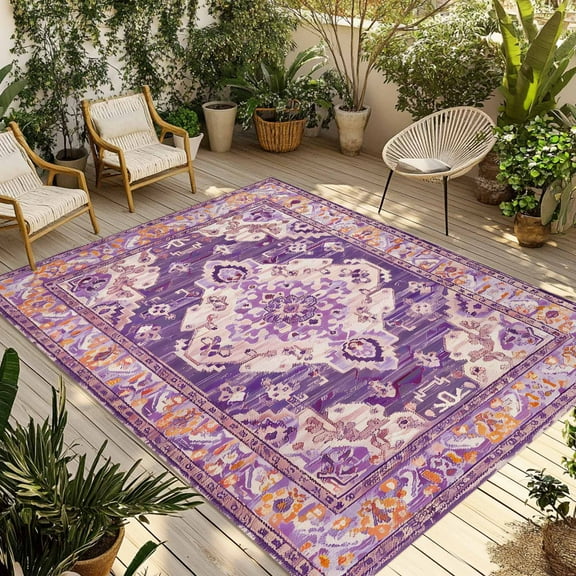Fsddascl Purple Orange Boho Outdoor Rug for Patio/Deck/Porch, Non-Slip Large Area Rug 6 x 9 Ft, Ethnic Geometric Middle Century Art Indoor Outdoor Rugs Washable Area Rugs, Camping Rug Carpet