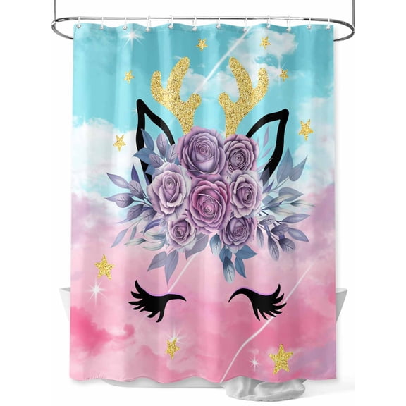 Fsddascl Purple Rose Antlers Shower Curtain Set - Standard 72" x 72" Washable Bathtub Curtain with 12 Hooks, Abstract Art Teal Pink Fancy Flowers Waterproof Fabric Stall Shower Curtains for Bathroom