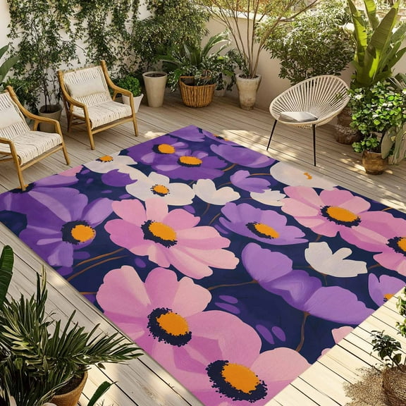 Fsddascl Purple Spring Floral Outdoor Rug for Patio/Deck/Porch, Non-Slip Large Area Rug 4 x 6 Ft, Flowers Summer Botanical Abstract Art Indoor Outdoor Rugs Washable Area Rugs, Camping Rug Carpet
