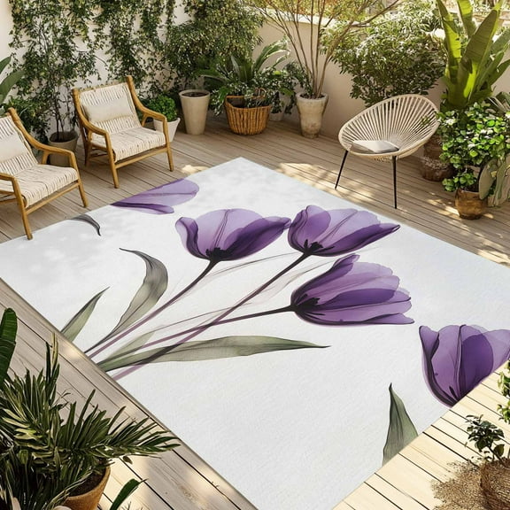 Fsddascl Purple Tulip Elegant Outdoor Rug for Patio/Deck/Porch, Non-Slip Large Area Rug 4 x 6 Ft, Spring Rustic Botanical Floral Indoor Outdoor Rugs Washable Area Rugs, Reversible Camping Rug Carpet