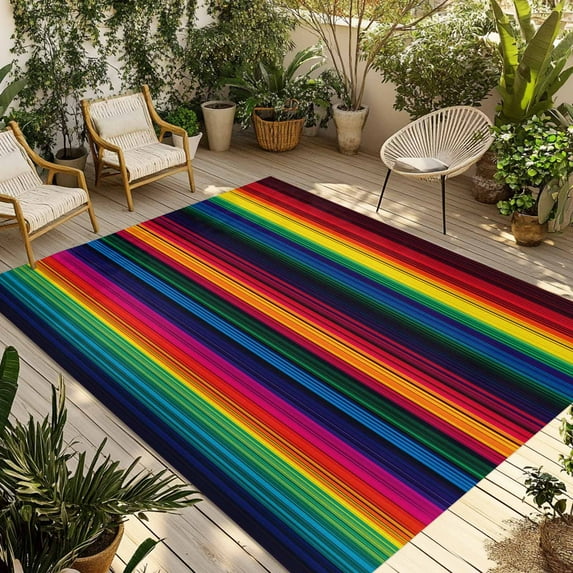 Fsddascl Rainbow Stripes Outdoor Rug for Patio/Deck/Porch, Non-Slip Large Area Rug 4 x 6 Ft, Mexico Colored Stripes Minimalist Indoor Outdoor Rugs Washable Area Rugs, Reversible Camping Rug Carpet