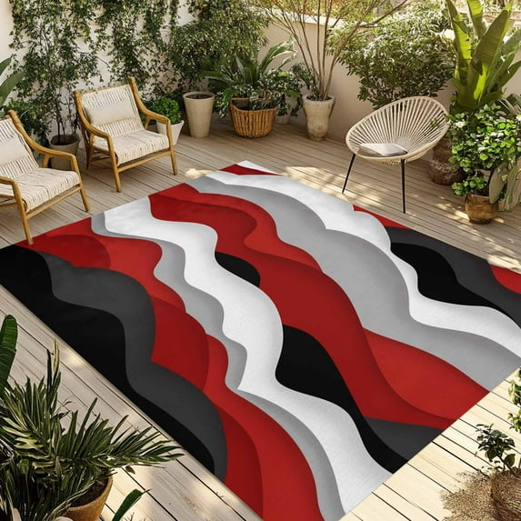 Fsddascl Red Black Ombre Outdoor Rug for Patio/Deck/Porch, Non-Slip Large Area Rug 5 x 8 Ft, Modern Geometric Moire Abstract Art Indoor Outdoor Rugs Washable Area Rugs, Reversible Camping Rug Carpet
