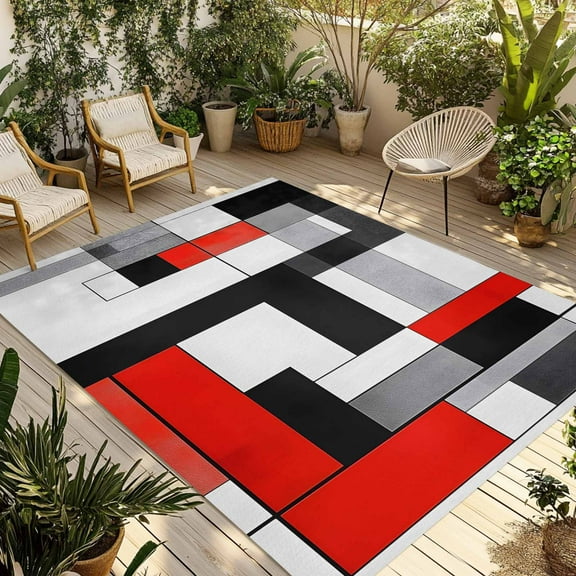 Fsddascl Red Black Outdoor Rug for Patio/Deck/Porch, Non-Slip Large Area Rug 5 x 8 Ft, Abstract Geometric Grey White Middle Century Indoor Outdoor Rugs Washable Area Rugs, Camping Rug Carpet