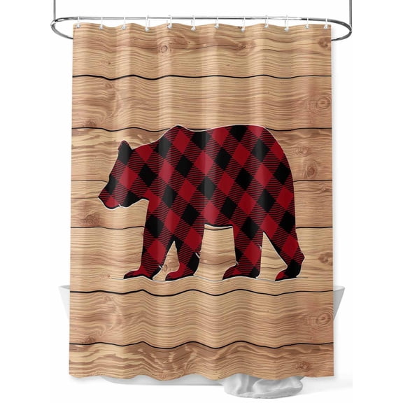 Fsddascl Red Black Plaid Bear Shower Curtain Set - 72" x 78" Washable Bathtub Curtain with 12 Hooks, Farmhouse Cabin Brown Wood Grain Waterproof Fabric Stall Shower Curtains for Bathroom/Bathtub