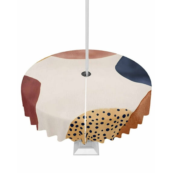 Fsddascl Red Blue Brown Outdoor Tablecloth - 60 Inch Round Dining Table Cover, Middle Century Art Abstract Modern Waterproof Outdoor Table Cloth with Umbrella Hole & Zipper for Picnic/Patio/Party
