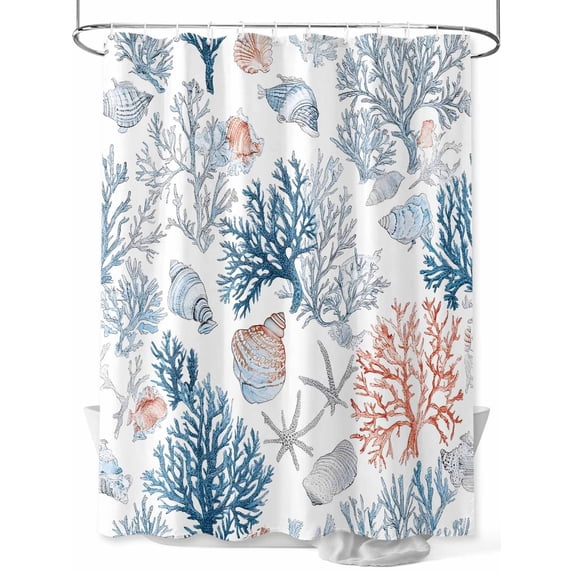Fsddascl Red Blue Coral Shower Curtain Set - Small 36" x 72" Washable Bathtub Curtain with 12 Hooks, Summer Ocean Coastal Starfish Shells Waterproof Fabric Stall Shower Curtains for Bathroom/Bathtub