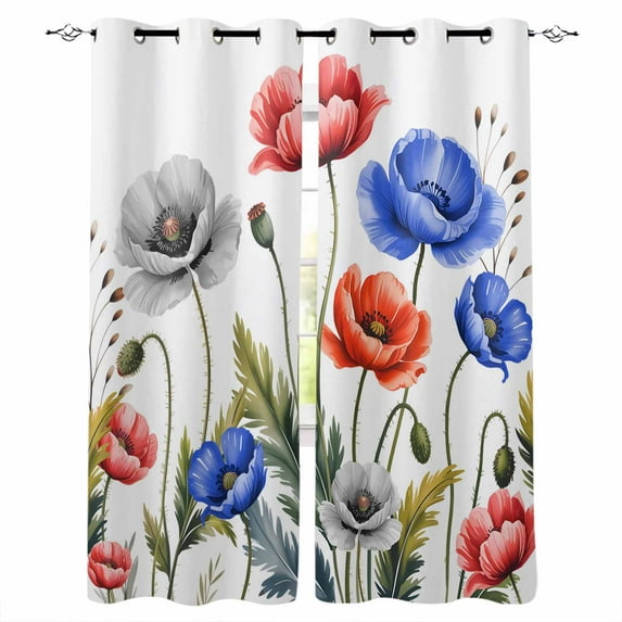 Fsddascl Red Blue Flowers Blackout Curtains for Bedroom/Living Room, Thermal Insulated Kitchen Curtains, Watercolor Botanical Floral Herbs Grommet Darkening Window Treatment Drapes 52"x84"x2