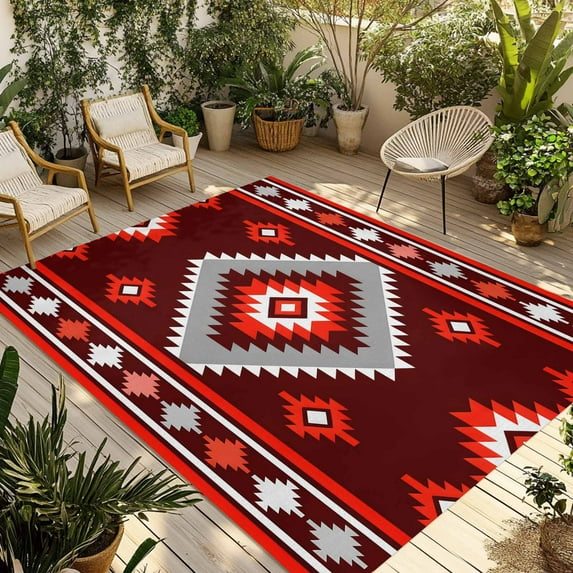 Fsddascl Red Boho Outdoor Rug for Patio/Deck/Porch, Non-Slip Large Area Rug 4 x 6 Ft, Neutral Tribal Ethnic Abstract Geometric Motifs Indoor Outdoor Rugs Washable Area Rugs, Camping Rug Carpet Runner