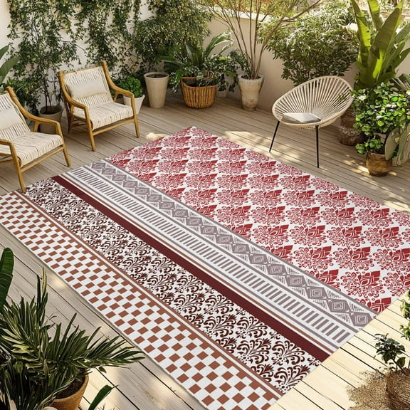 Fsddascl Red Boho Outdoor Rug for Patio/Deck/Porch, Non-Slip Large Area Rug 5 x 8 Ft, Geometric Stripes Middle Century Plaid Indoor Outdoor Rugs Washable Area Rugs, Reversible Camping Rug Carpet