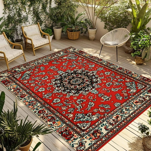 Fsddascl Red Boho Outdoor Rug for Patio/Deck/Porch, Non-Slip Large Area Rug 6 x 9 Ft, Vintage Farmhouse Abstract Floral Aesthetic Indoor Outdoor Rugs Washable Area Rugs, Camping Rug Carpet