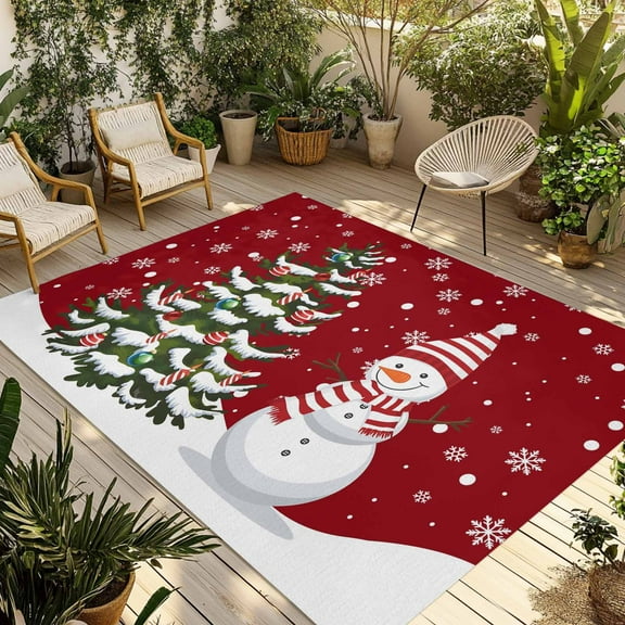 Fsddascl Red Christmas Outdoor Rug for Patio/Deck/Porch, Non-Slip Large Area Rug 4 x 6 Ft, Xmas Snowman Pine Tree Winter Snowflakes Indoor Outdoor Rugs Washable Area Rugs, Camping Rug Carpet Runner