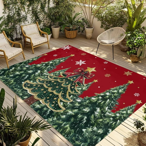 Fsddascl Red Christmas Outdoor Rug for Patio/Deck/Porch, Non-Slip Large Area Rug 6 x 9 Ft, Snowflake Xmas Christmas Tree Indoor Outdoor Rugs Washable Area Rugs, Reversible Camping Rug Carpet Runner