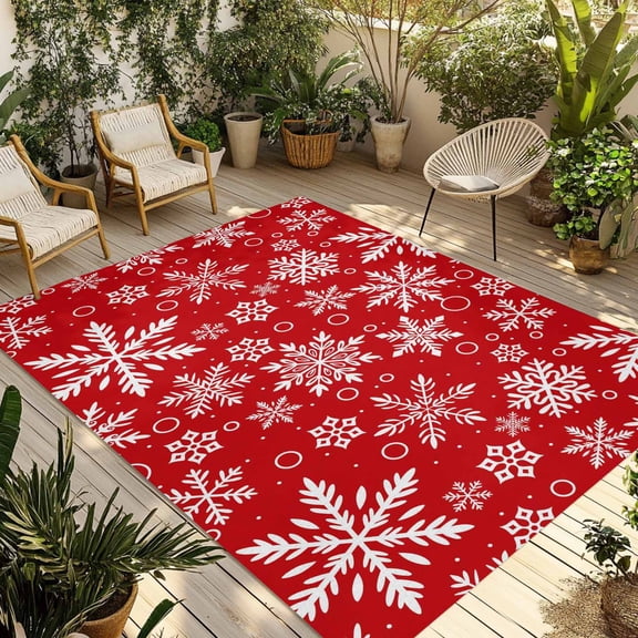 Fsddascl Red Christmas Outdoor Rug for Patio/Deck/Porch, Non-Slip Large Area Rug 6 x 9 Ft, Xmas Snowflake White Indoor Outdoor Rugs Washable Area Rugs, Reversible Camping Rug Carpet Runner