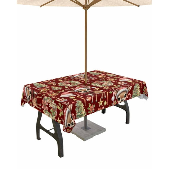 Fsddascl Red Christmas Outdoor Tablecloth - 54x80 Inch Rectangle Dining Table Cover, Elk Xmas Tree Wreath Balls Bell Waterproof Outdoor Table Cloth with Umbrella Hole & Zipper for Picnic/Patio/Party