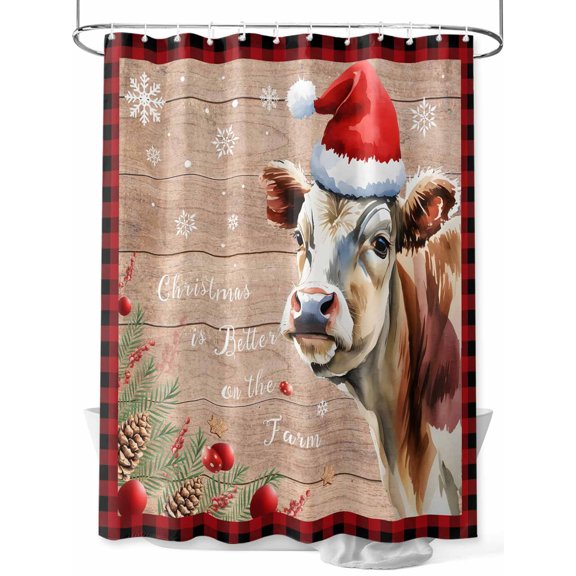 Fsddascl Red Christmas Shower Curtain Set - 48" x 72" Washable Bathtub Curtain with 12 Hooks, Cow Snowflake Red Plaid Farmhouse Wooden Winter Waterproof Fabric Stall Shower Curtains for Bathroom