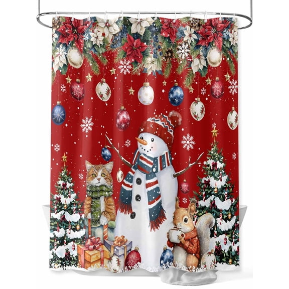 Fsddascl Red Christmas Shower Curtain Set - Extra Long 72" x 96" Washable Bathtub Curtain with 12 Hooks, Snowman Poinsettia Pine Tree Squirrel Cat Waterproof Fabric Stall Shower Curtains for Bathroom