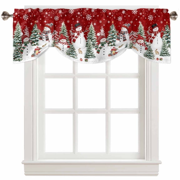 Fsddascl Red Christmas Tie Up Valance Curtains for Windows, Kitchen Curtains Window Treatments, Xmas Snowman Tree Snowflake Winter Short Window Shades Valances for Bedroom Bathroom Cafe 42"x12"