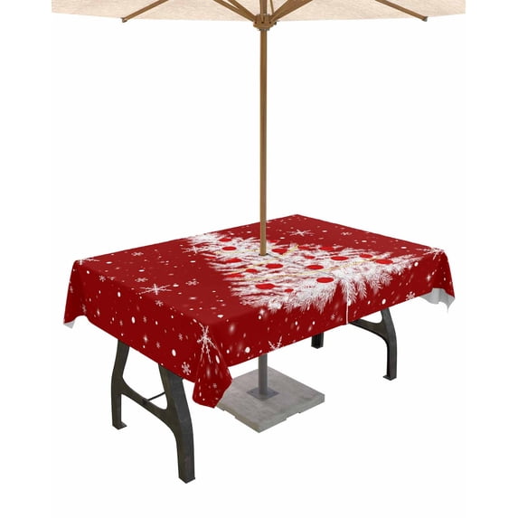 Fsddascl Red Christmas Tree Outdoor Tablecloth - 60x84 Inch Rectangle Dining Table Cover, Winter Balls Snowflake Xmas Tree Waterproof Outdoor Table Cloth with Umbrella Hole & Zipper for Picnic/Patio