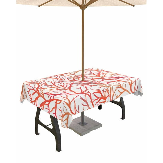 Fsddascl Red Coral Coastal Outdoor Tablecloth - 54x80 Inch Rectangle Dining Table Cover, Summer Beach Nautical Ocean Sea Waterproof Outdoor Table Cloth with Umbrella Hole & Zipper for Picnic/Patio