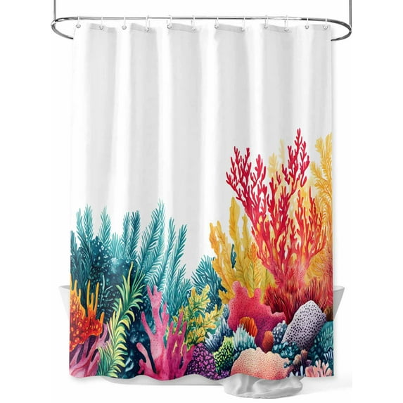 Fsddascl Red Coral Coastal Shower Curtain Set - 36" x 78" Washable Bathtub Curtain with 12 Hooks, Summer Beach Ocean Sea Nautical Waterproof Fabric Stall Shower Curtains for Bathroom/Bathtub Décor