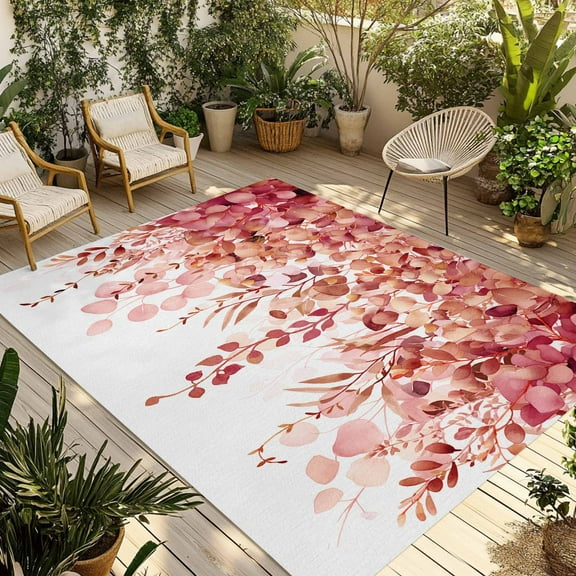 Fsddascl Red Eucalyptus Leaves Outdoor Rug for Patio/Deck/Porch, Non-Slip Large Area Rug 5 x 8 Ft, Spring Floral Summer Botanical Indoor Outdoor Rugs Washable Area Rugs, Camping Rug Carpet